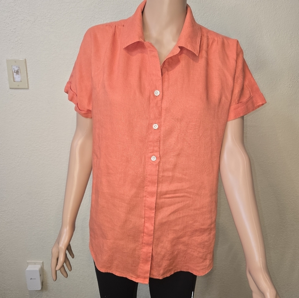 J. Jill Womens Size Medium Orange Short Sleeve 100 % Linen Button Up Blouse